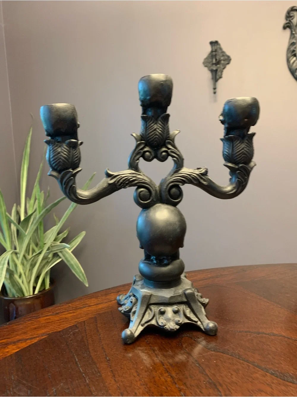 Skull Candelabra Decorative Candle Holder in Black
